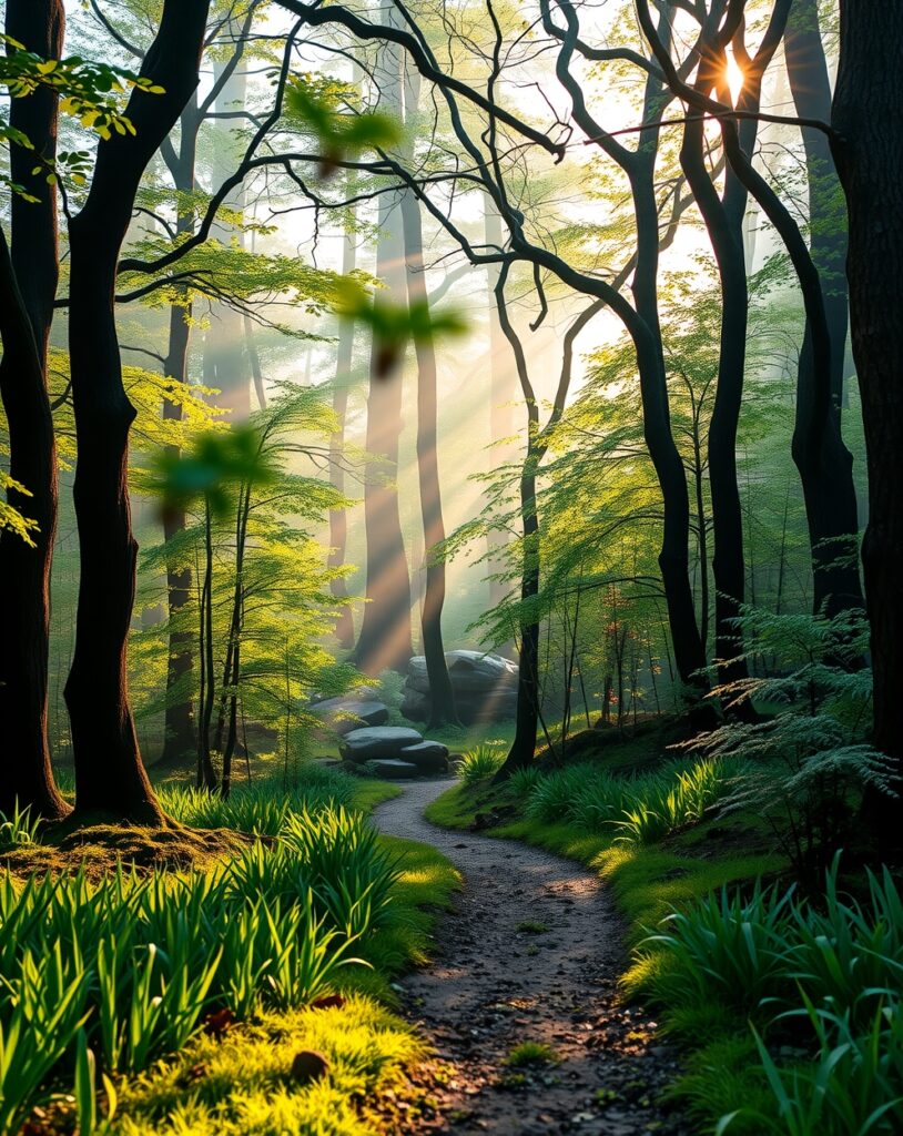 Misty Morning in a Tranquil Forest – free AI stock image