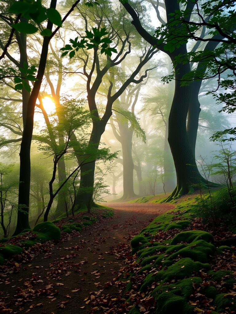 Misty Morning in a Tranquil Forest – free AI stock image