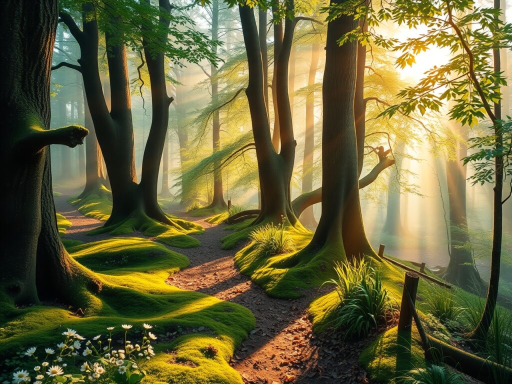 Misty Morning in Enchanted Forest – free AI stock image