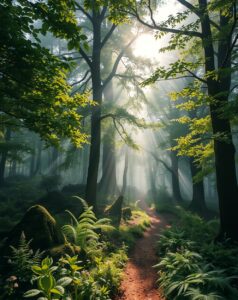 Misty Morning in Enchanted Forest – free AI stock image