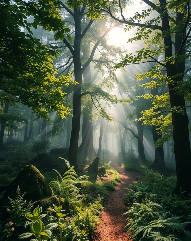 Misty Morning in Enchanted Forest – free AI stock image