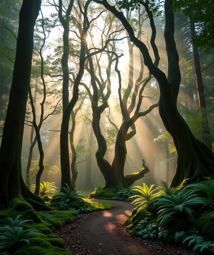 Misty Morning in Enchanted Forest – free AI stock image