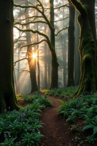 Misty Morning in Enchanted Forest – free AI stock image