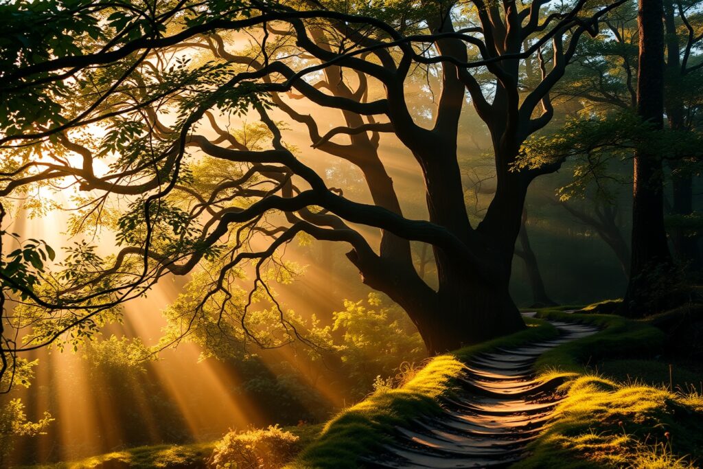 Misty Morning in Enchanted Forest – free AI stock image