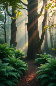 Misty Morning in Enchanted Forest Glade – free AI stock image