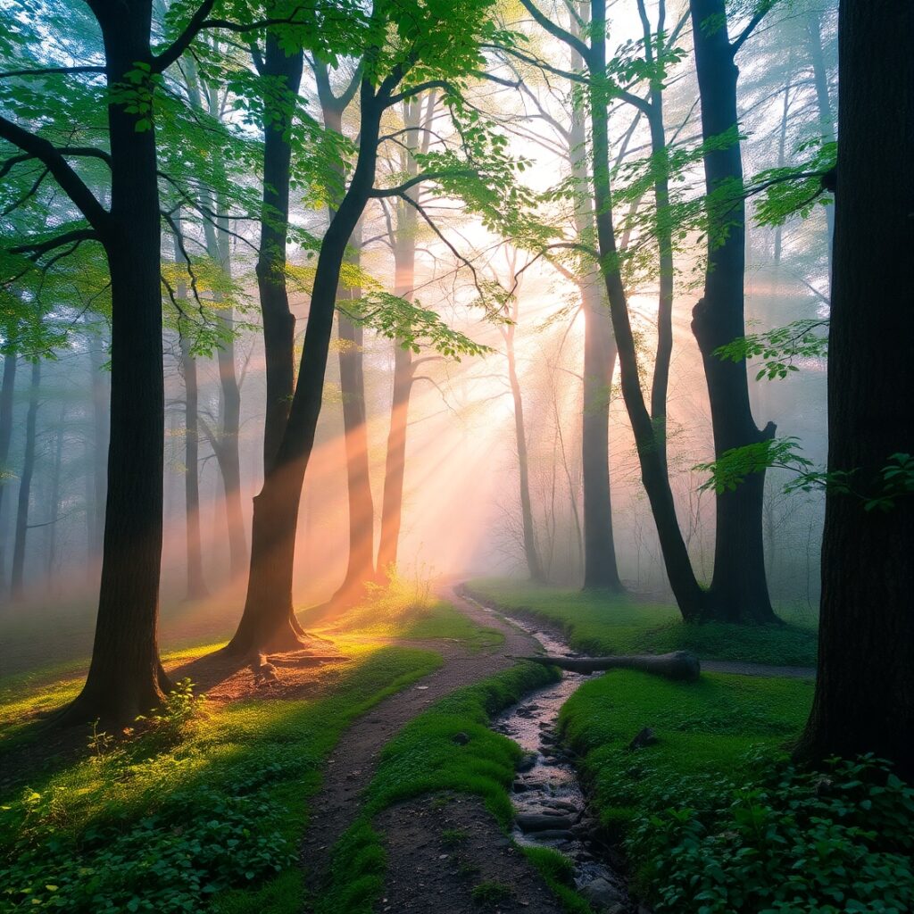 Misty Morning in the Enchanted Forest – free AI stock image