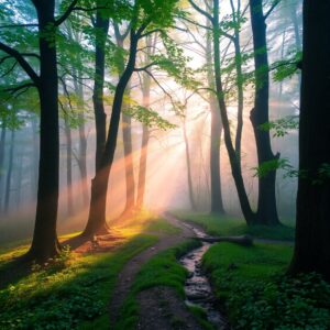 Misty Morning in the Enchanted Forest – free AI stock image
