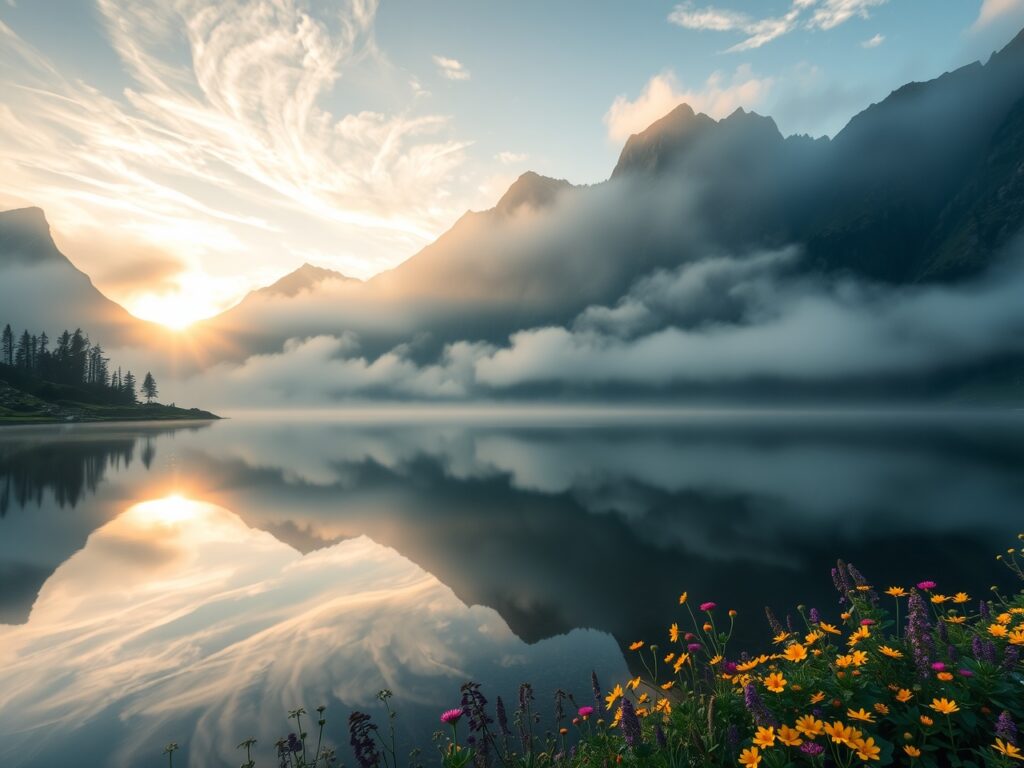 Misty Mountain Lake at Dawn – free AI stock image