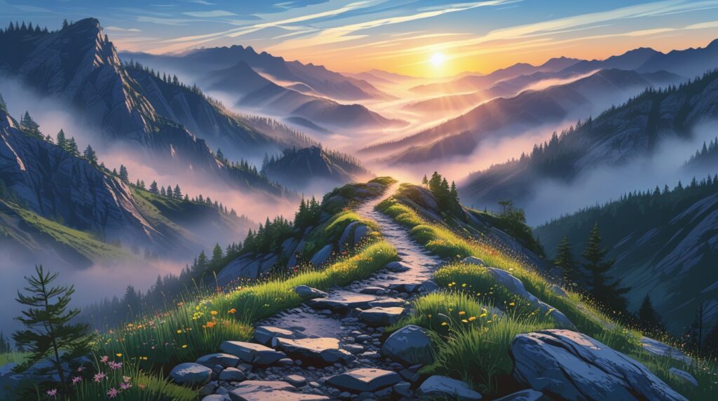 Misty Mountain Trail Under a Golden Sunrise – free AI stock image