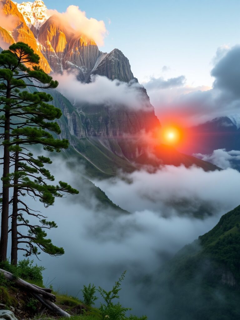 Misty Mountains at Dawn – free AI stock image