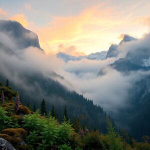 Misty Mountains at Dawn’s Embrace – free AI stock image