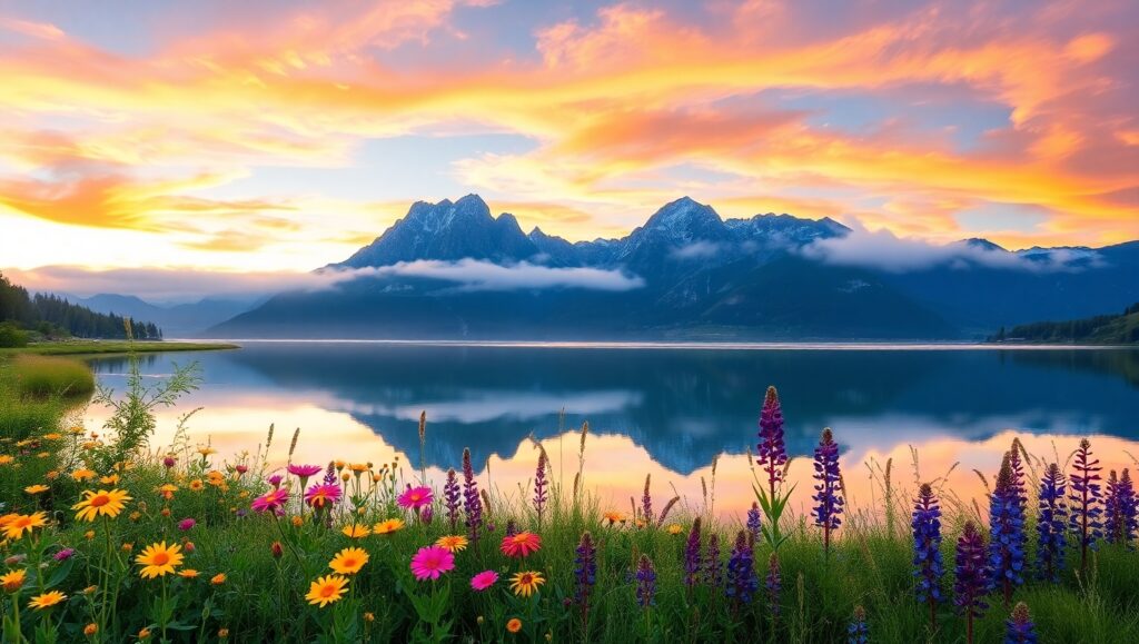 Misty Mountains at Sunrise – free AI stock image