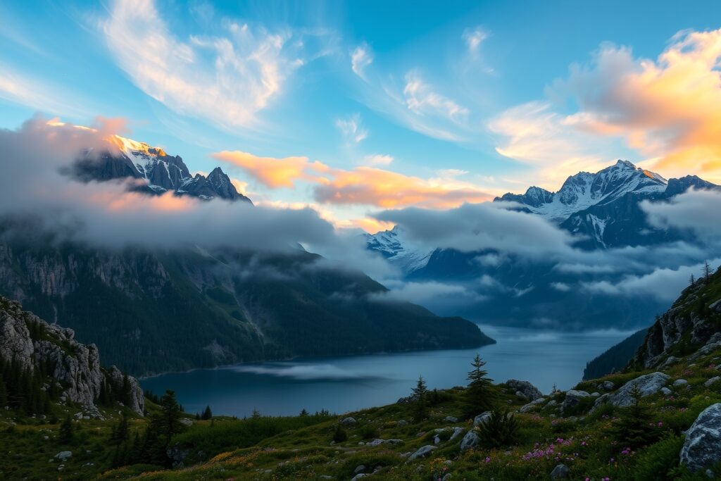Misty Mountains Beneath a Golden Sunrise – free AI stock image