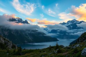 Misty Mountains Beneath a Golden Sunrise – free AI stock image