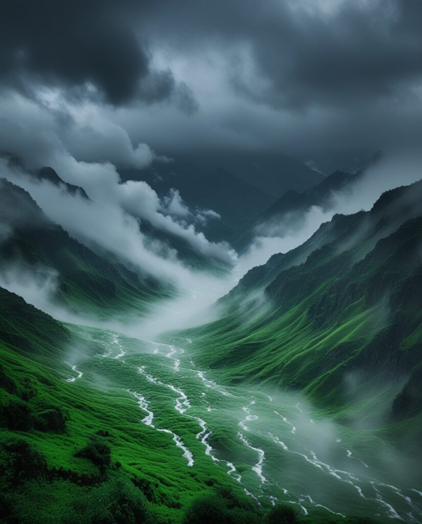 Misty Mountains Beneath Steady Rainfall – free AI stock image