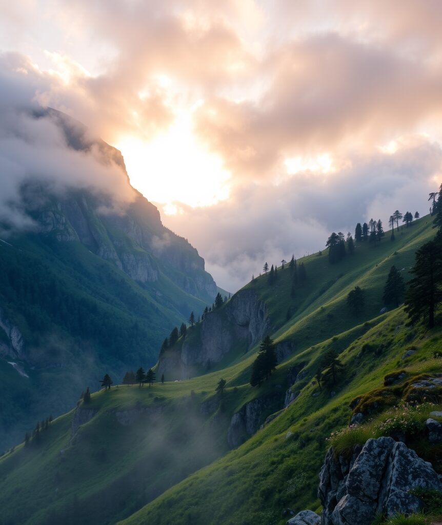 Misty Mountains Shrouded in Morning Fog – free AI stock image