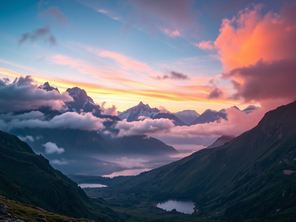 Misty Mountains Under a Golden Sunrise – free AI stock image