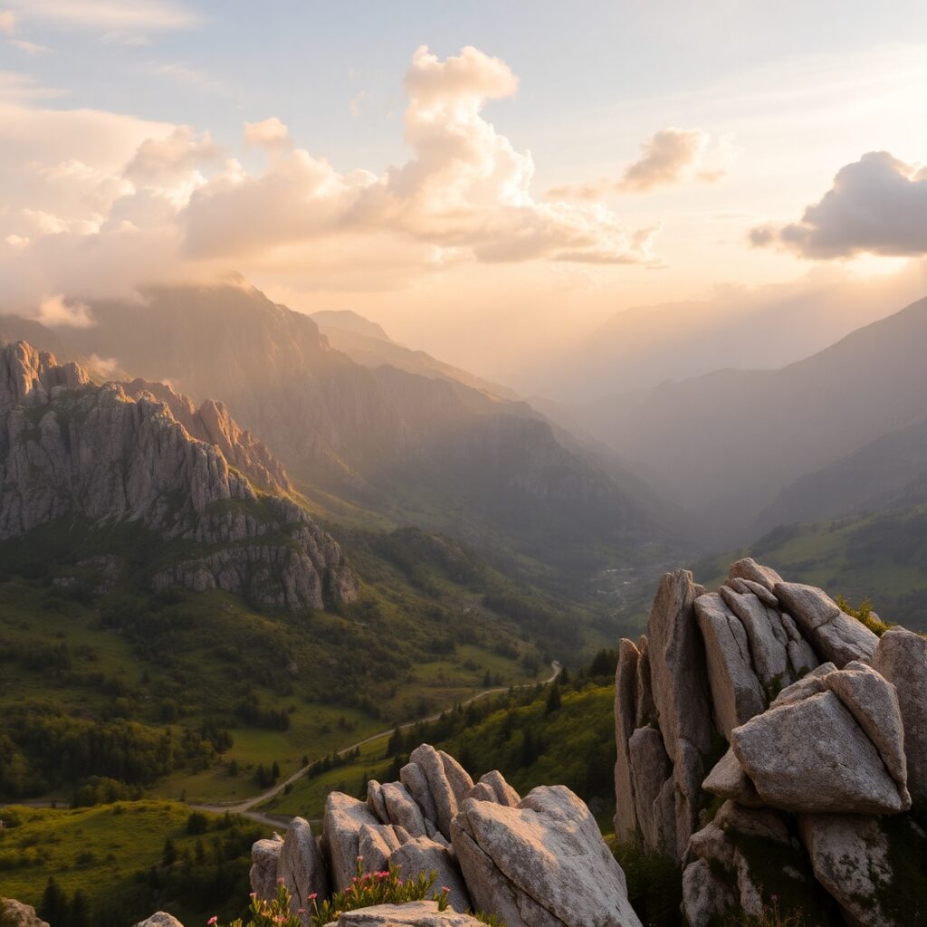 Misty Mountains Under a Golden Sunrise – free AI stock image