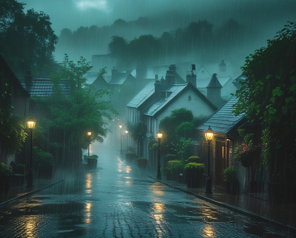 Misty Rain Over a Quiet Village – free AI stock image