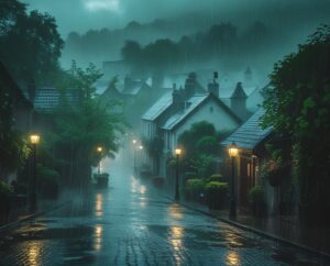 Misty Rain Over a Quiet Village – free AI stock image