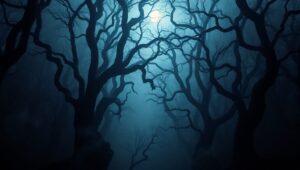 Misty Shadows in the Haunted Forest – free AI stock image