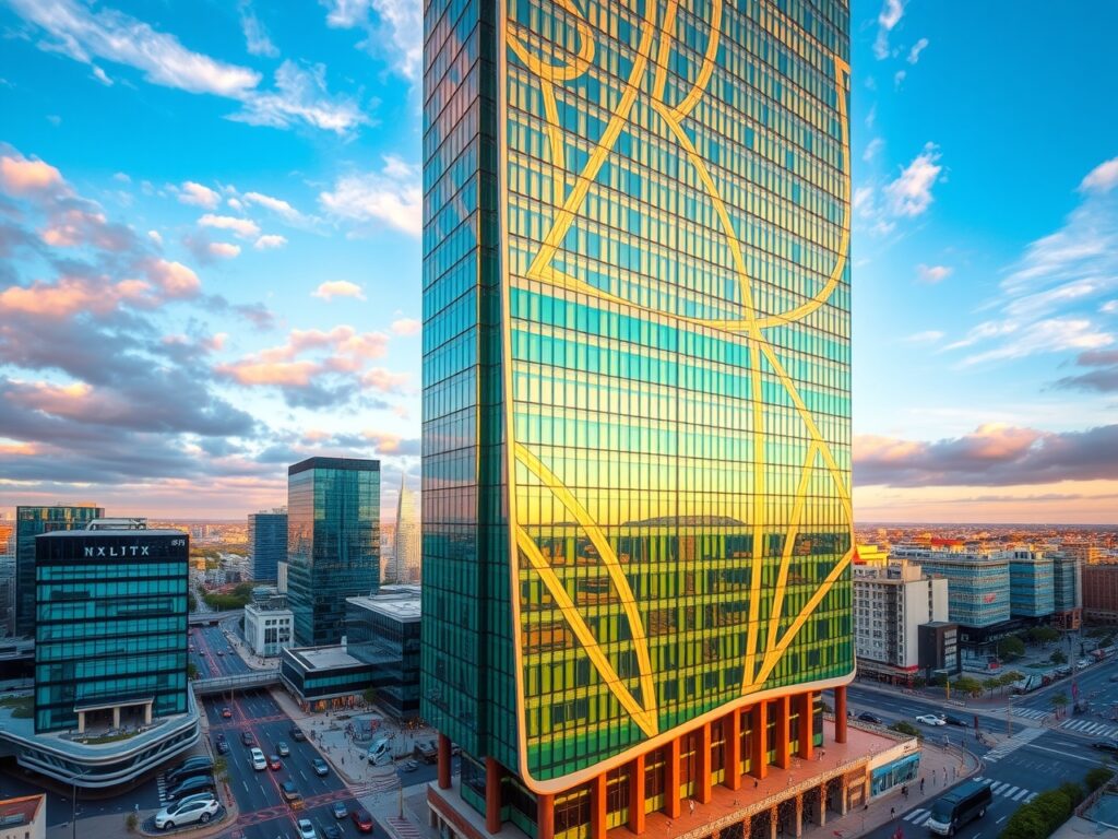 Modern Architectural Marvel with Turquoise Glass – free AI stock image