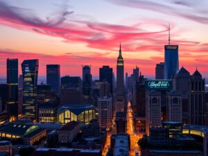 Modern Cityscape with Skyscrapers at Twilight – free AI stock image
