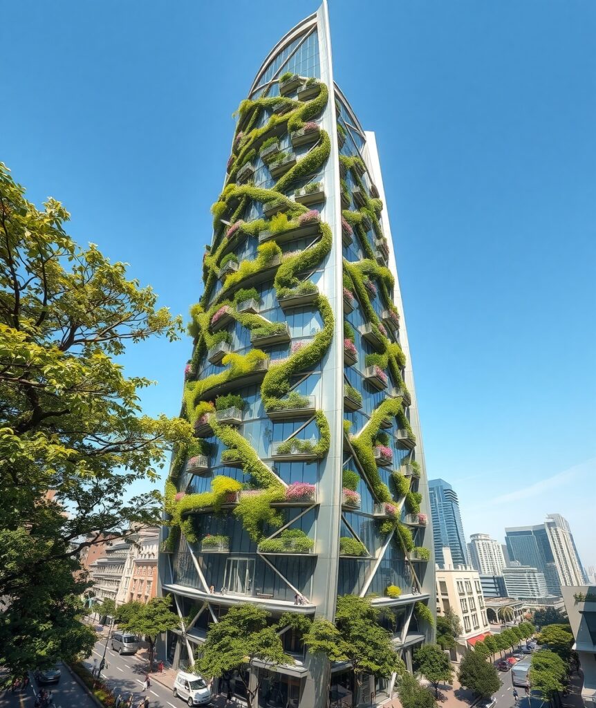 Modern Eco-Friendly Skyscraper in Urban Setting – free AI stock image