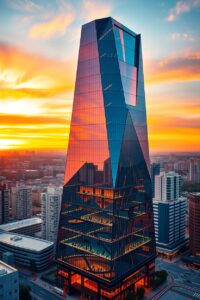 Modern Futuristic Skyscraper at Sunset – free AI stock image
