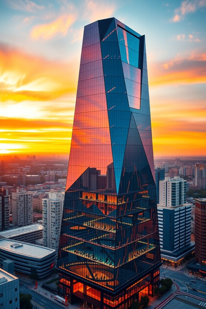Modern Futuristic Skyscraper at Sunset – free AI stock image