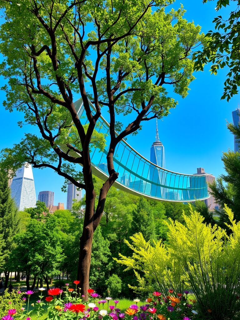 Modern Glass Bridge Over Urban Park – free AI stock image