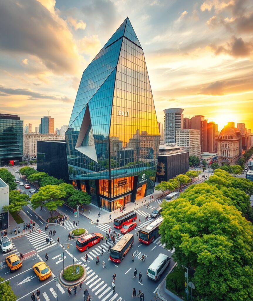 Modern Glass Building in Urban Landscape – free AI stock image