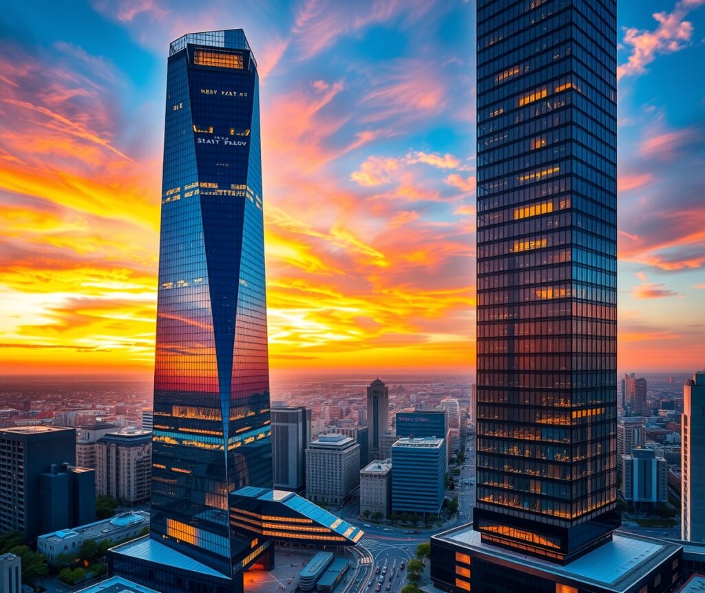Modern Glass Facade Skyscraper at Sunset – free AI stock image