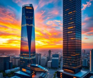 Modern Glass Facade Skyscraper at Sunset – free AI stock image