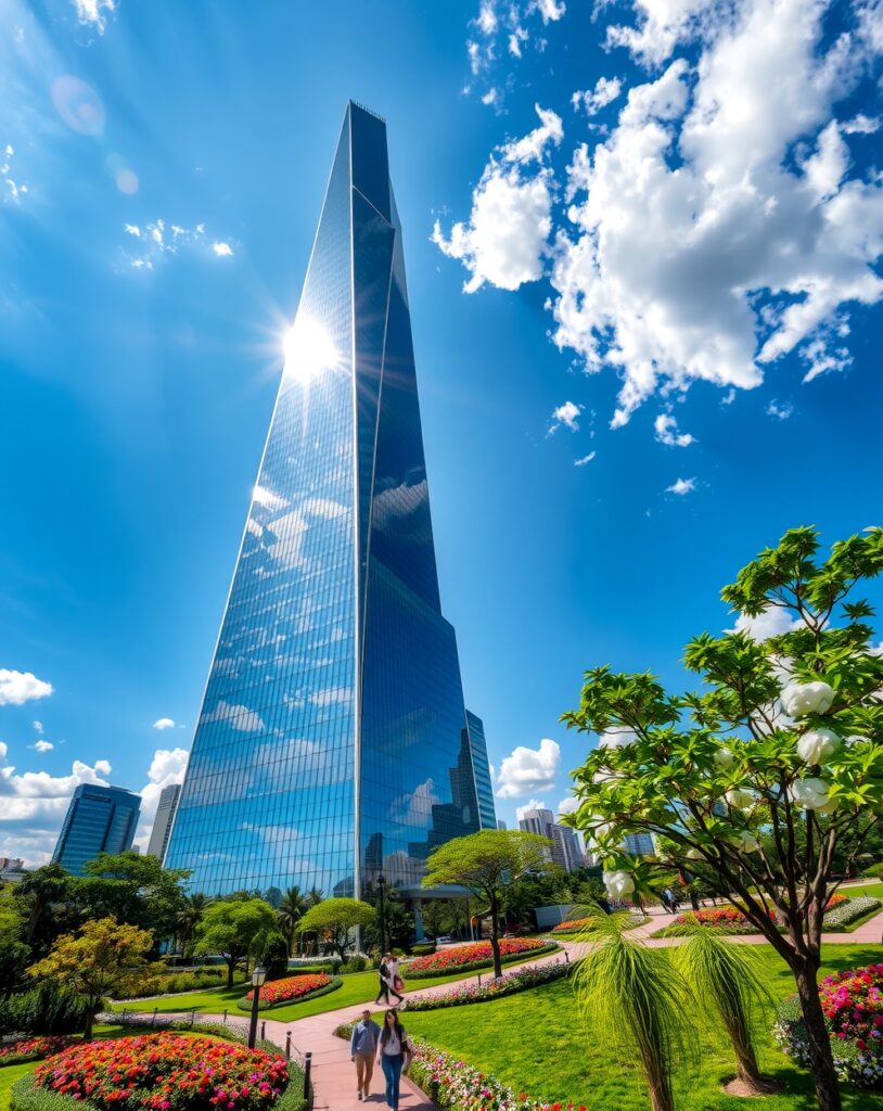 Modern Glass Skyscraper Against Blue Sky – free AI stock image