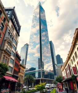 Modern Glass Skyscraper Amidst Cityscape – free AI stock image