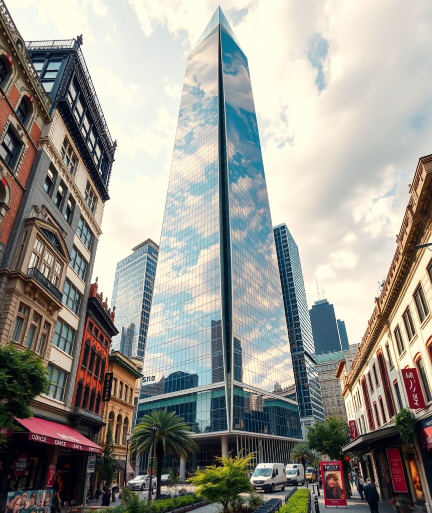 Modern Glass Skyscraper Amidst Cityscape – free AI stock image