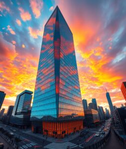 Modern Glass Skyscraper at Sunset – free AI stock image