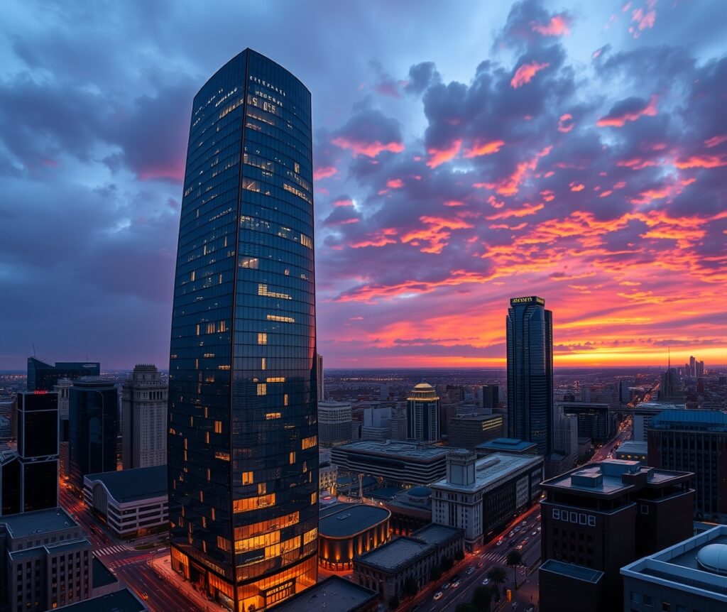 Modern Glass Skyscraper Glowing at Dusk – free AI stock image