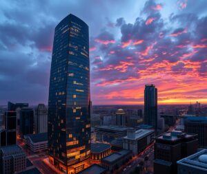 Modern Glass Skyscraper Glowing at Dusk – free AI stock image