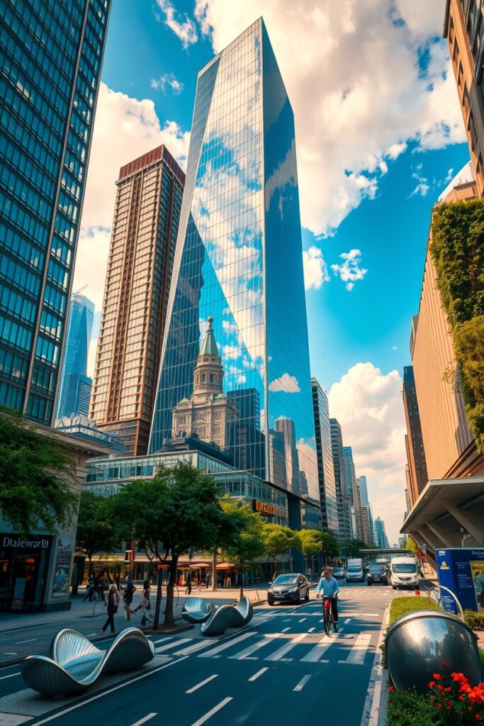 Modern Glass Skyscraper Reflecting Cityscape – free AI stock image
