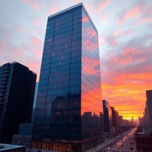 Modern Glass Skyscraper Reflecting Sunset – free AI stock image