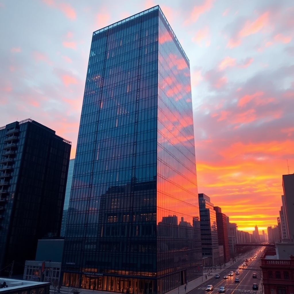 Modern Glass Skyscraper Reflecting Sunset – free AI stock image