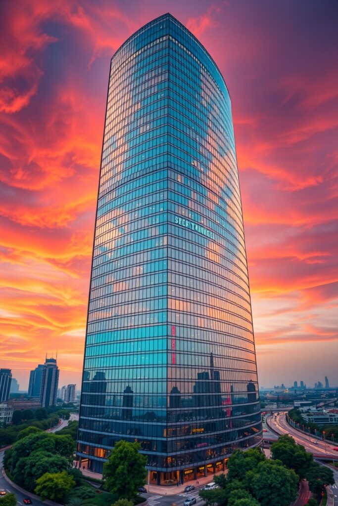 Modern Glass Skyscraper Reflecting Sunset – free AI stock image