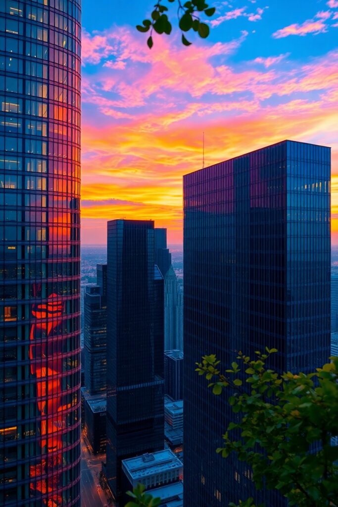 Modern Glass Skyscrapers at Sunset – free AI stock image