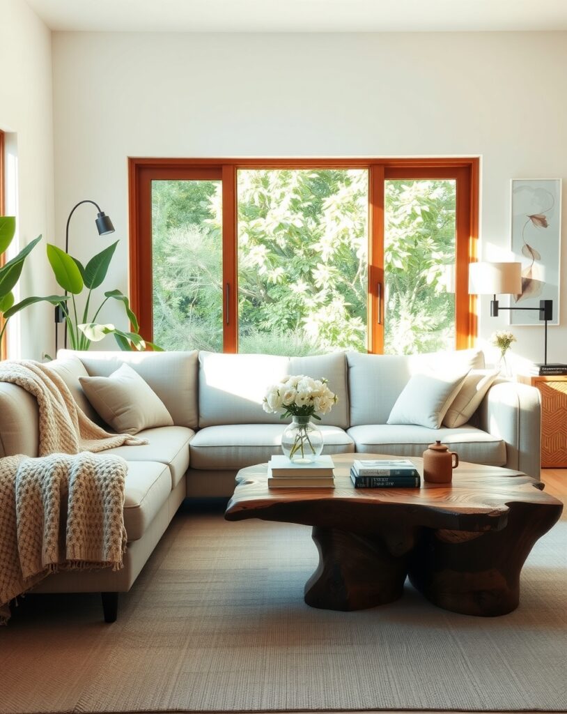 Modern Minimalist Living Room with Nature Vibes – free AI stock image
