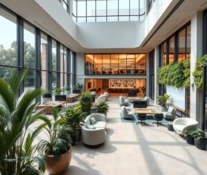 Modern Office Building with Collaborative Spaces – free AI stock image