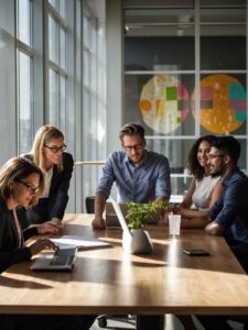 Modern Office Setting with Diverse Team Meeting – free AI stock image