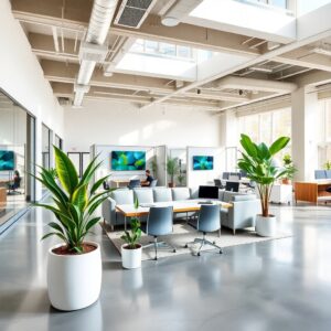 Modern Office Space with Collaborative Work Areas – free AI stock image