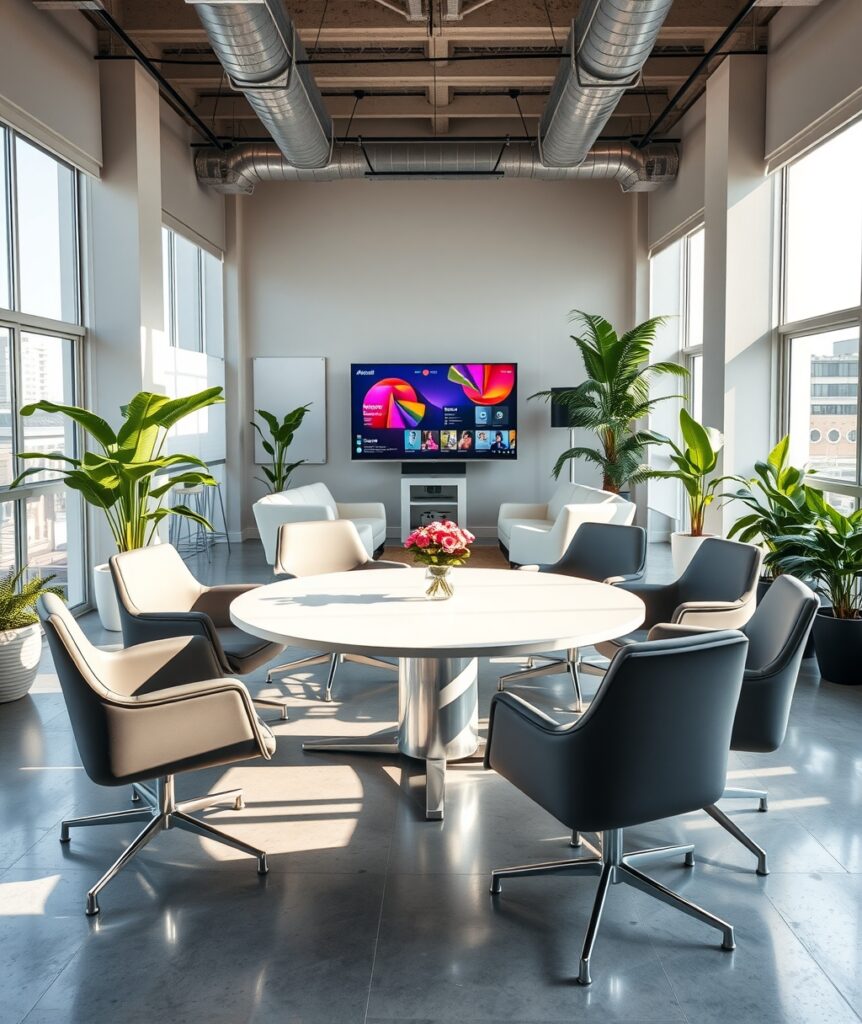 Modern Office Space with Collaborative Work Areas – free AI stock image